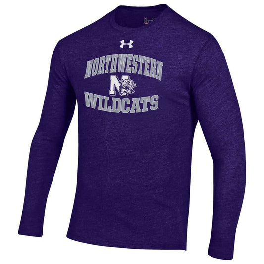 Northwestern Wildcats Men’s Under Armour Triblend Purple Heather Long Sleeve Tee with Vintage N-Cat Design