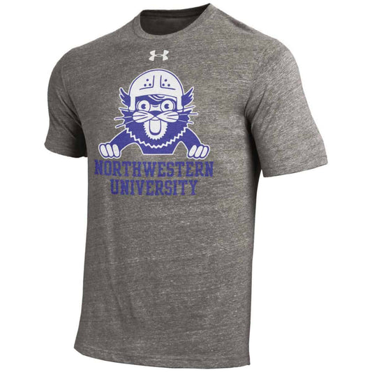 Northwestern University Wildcats Men’s Under Armour Triblend Grey Tee with Vintage Wildcat with the Helmet Design