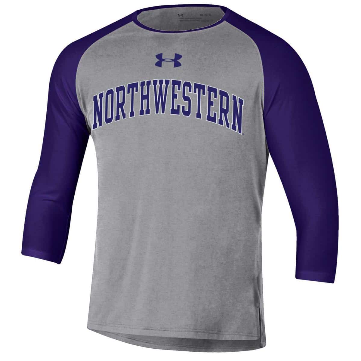 Northwestern University Wildcats Men’s Under Armour Free Style Half Sleeve Purple &amp; Grey Baseball Tee
