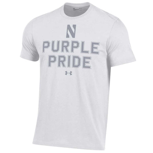Northwestern University Wildcats Men’s Under Armour White T-Shirt with the Purple Pride Design