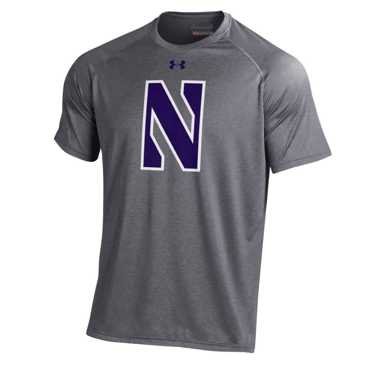 Northwestern University Wildcats Youth Under Armour Tactical Tech™ Dark Grey Short Sleeve T-Shirt with Stylized Northwestern N Design