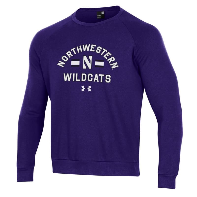 Northwestern University Wildcats Men’s Under Armour Purple All Day Fleece Crew With Stylized N Design