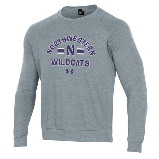 Northwestern University Wildcats Men’s Under Armour True Grey Heather All Day Fleece Crew With Stylized N Design