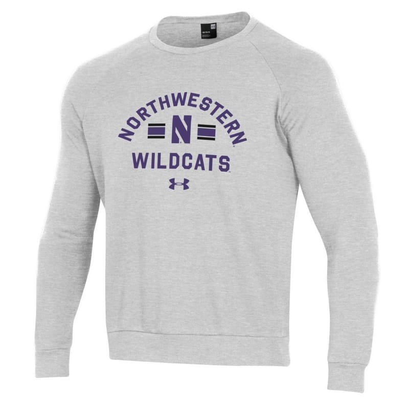 Northwestern University Wildcats Men’s Under Armour Silver Heather All Day Fleece Crew With Stylized N Design