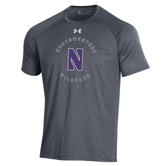 Northwestern University Wildcats Men’s Under Armour Pitch Grey Tech Novelty Short Sleeve Tee with Stylized N Circle Design