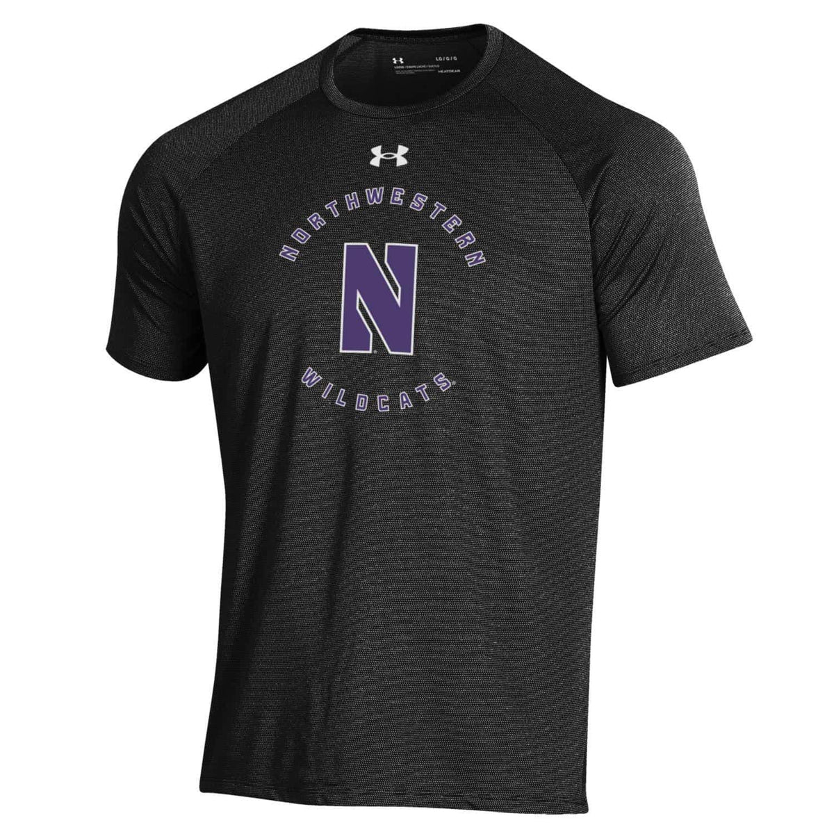 Northwestern University Wildcats Men’s Under Armour Black Tech Novelty Short Sleeve Tee with Stylized N Circle Design