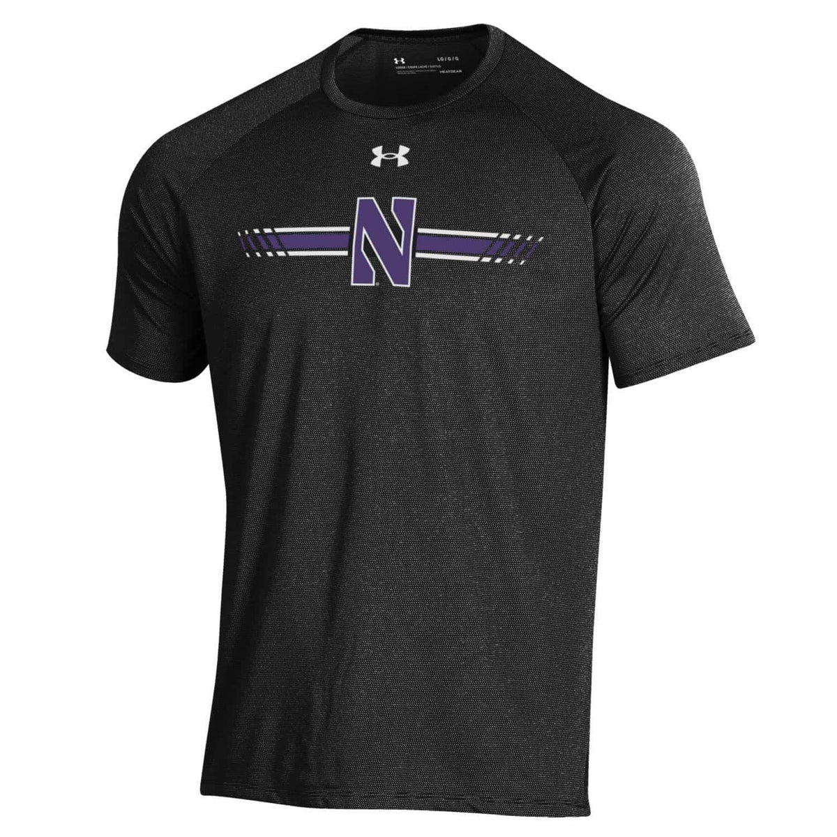 Northwestern University Wildcats Men’s Under Armour Black Tech Novelty Short Sleeve Tee with Stylized N Bar Design
