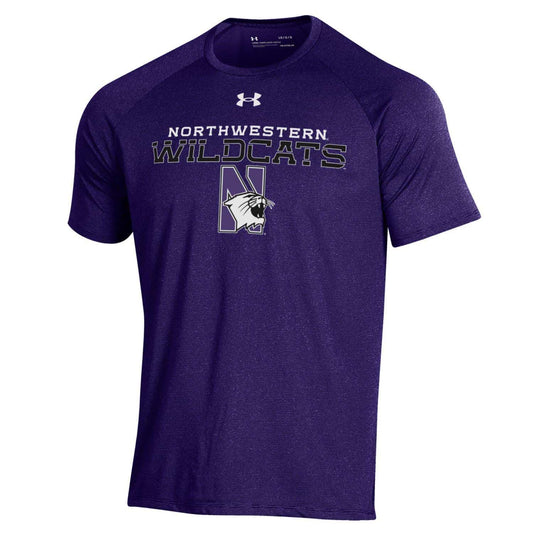 Northwestern University Wildcats Men’s Under Armour Purple Tech Novelty Short Sleeve Tee with N-Cat Design