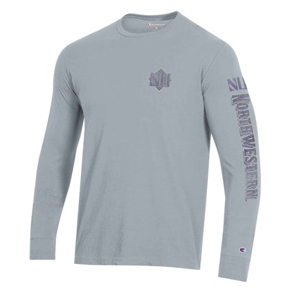 Northwestern University Wildcats Men's Champion Heather Grey Long Sleeve Tee Shirt with Three Location Faded Print