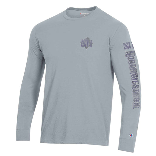 Northwestern University Wildcats Men's Champion Heather Grey Long Sleeve Tee Shirt with Three Location Faded Print
