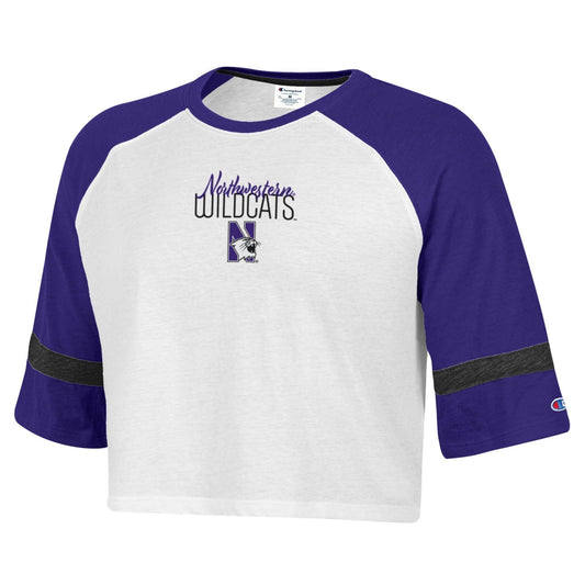 Northwestern University Wildcats Women’s Champion Tailgate Her 3/4 Sleeve Baseball Style Crop Tee