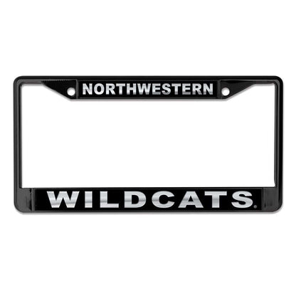 Northwestern University Wildcats Black License Plate Frame with Laser Cut Acrylic Black Insert with Mirror White Northwestern/ Wildcats inserts