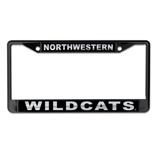 Northwestern University Wildcats Black License Plate Frame with Laser Cut Acrylic Black Insert with Mirror White Northwestern/ Wildcats inserts