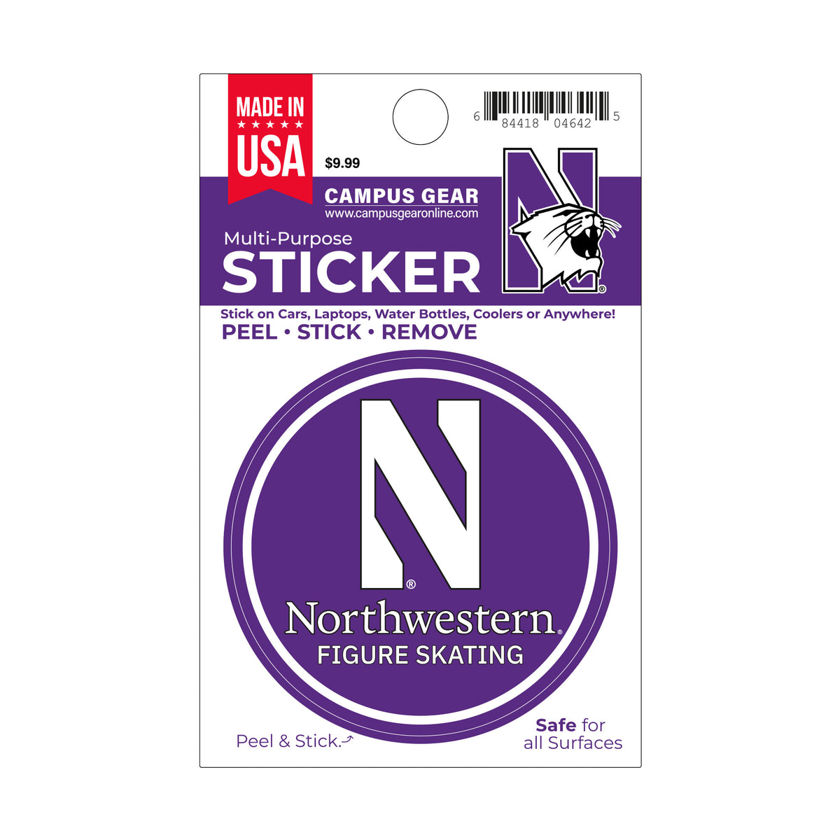 Northwestern University Wildcats Full Color Outside Application 3" Circular Multi-Purpose Sticker with N & Figure Skating Design