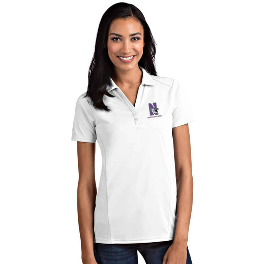 Northwestern University Wildcats Women's Antigua White Tribute Polo Shirt with N-Cat Design
