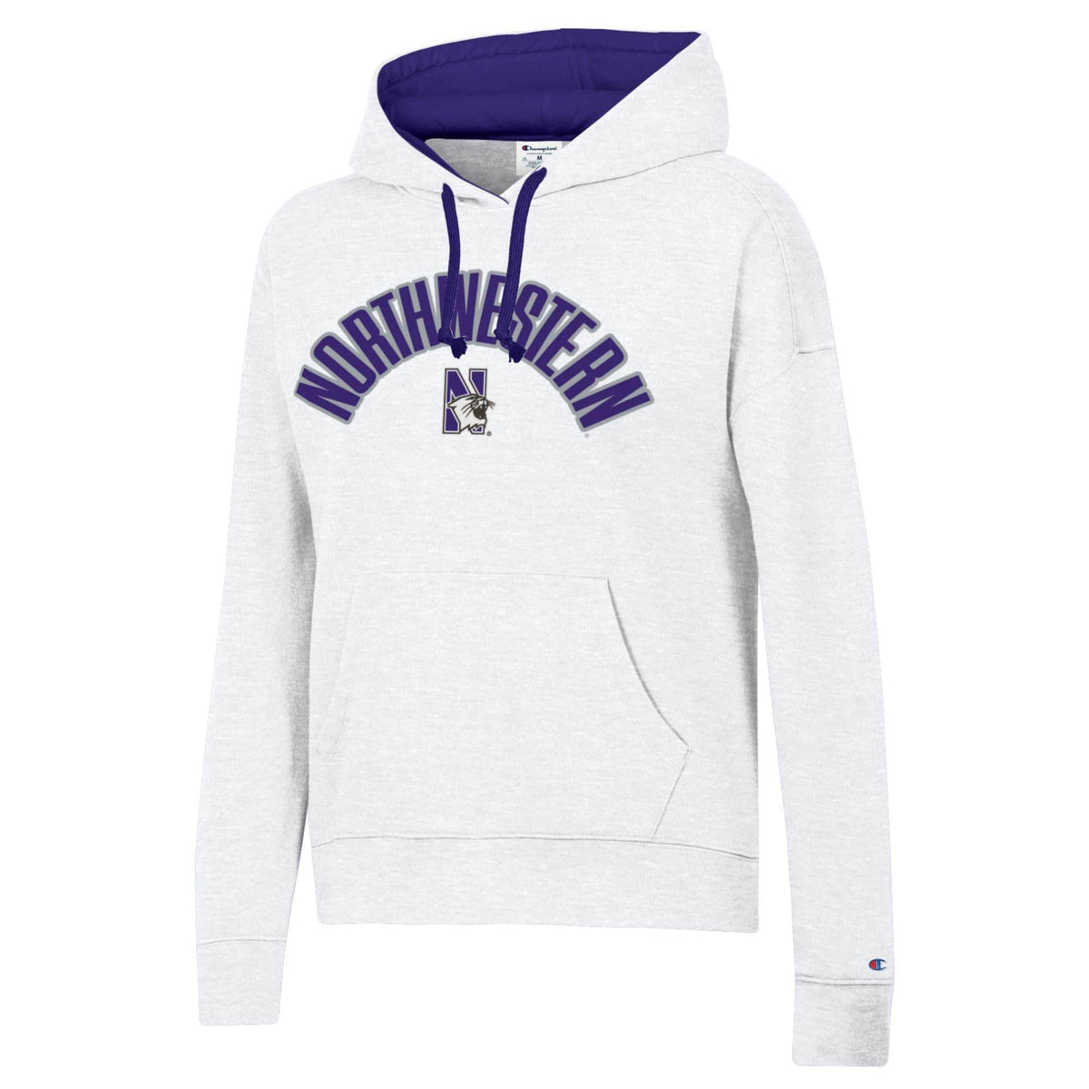 Northwestern University Wildcats Women's Champion White Stadium Hoodie with Sewn Appliqué Design