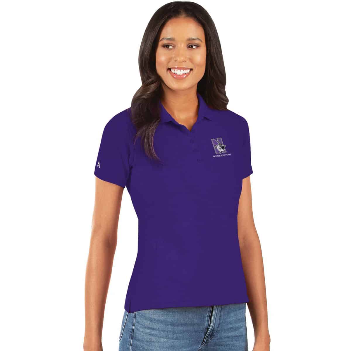 Northwestern University Wildcats Women's Antigua Purple Legacy Polo Shirt with N-Cat Design