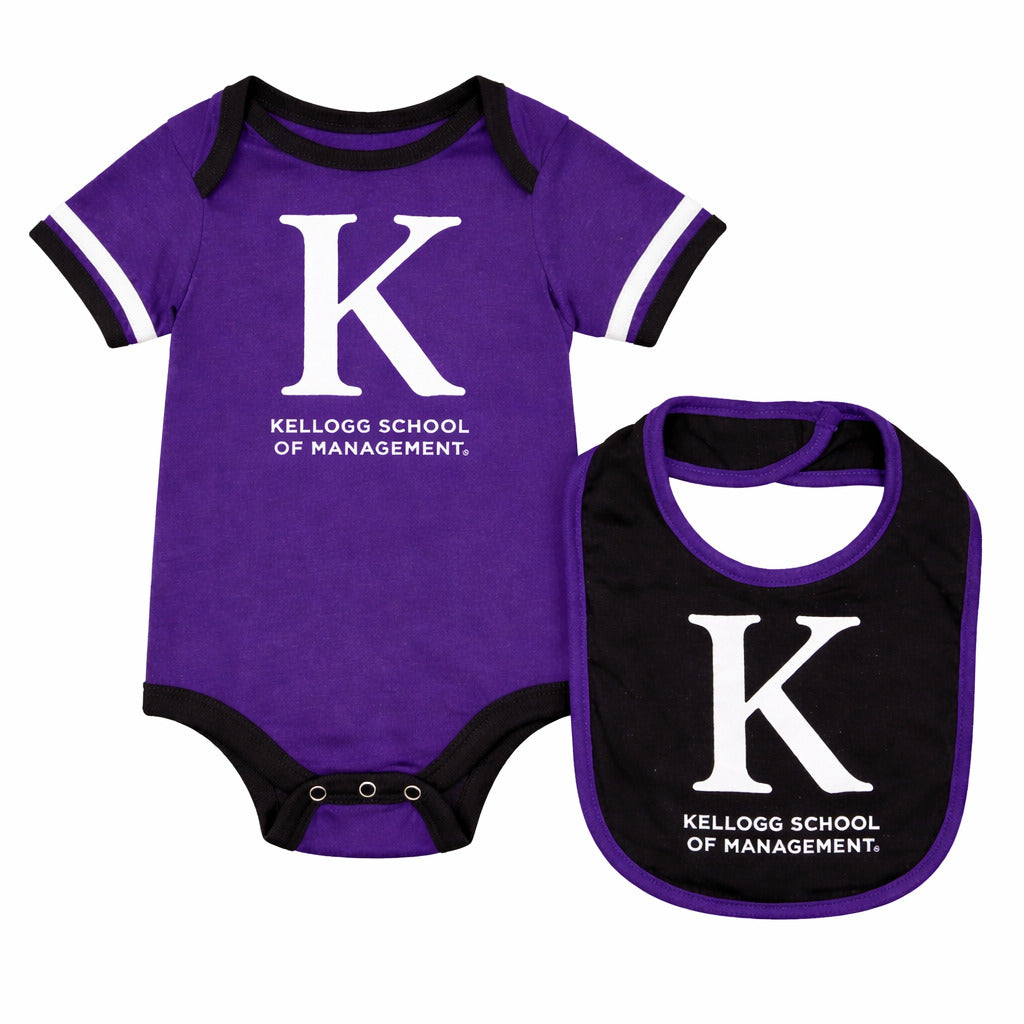 Purple Northwestern Kellogg School of Management baby onesie and bib set with white ‘K’ logo and black trim