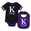 Northwestern Kellogg School of Management baby onesie and bib set in purple and black with large K logo
