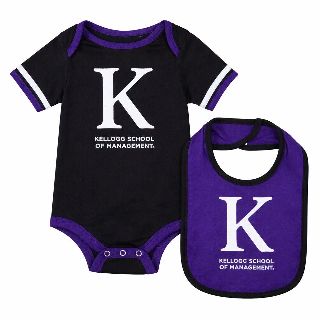 Northwestern Kellogg School of Management baby onesie and bib set in purple and black with large K logo