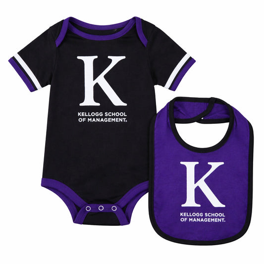 Northwestern Kellogg School of Management baby onesie and bib set in purple and black with large K logo