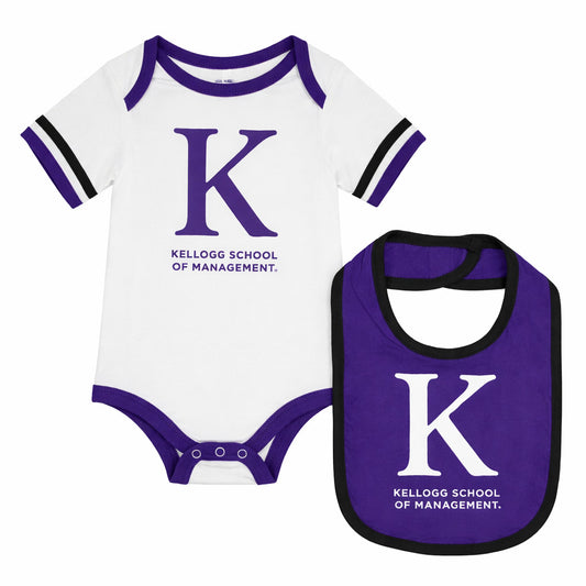 Northwestern Kellogg baby onesie and bib set in purple and white with large ‘K’ logo