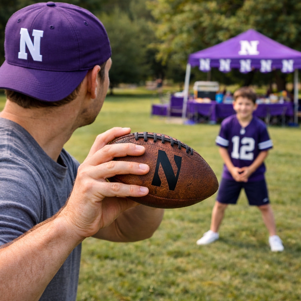 Northwestern mini football in mid-air during tailgate throw with dad and son in park