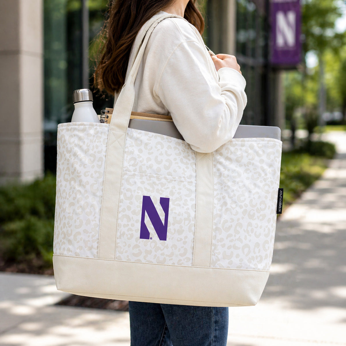 Northwestern Tonal Leopard Tote Bag with zipper and purple N logo