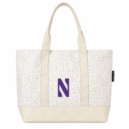 Northwestern Tonal Leopard Tote Bag with zipper and purple N logo