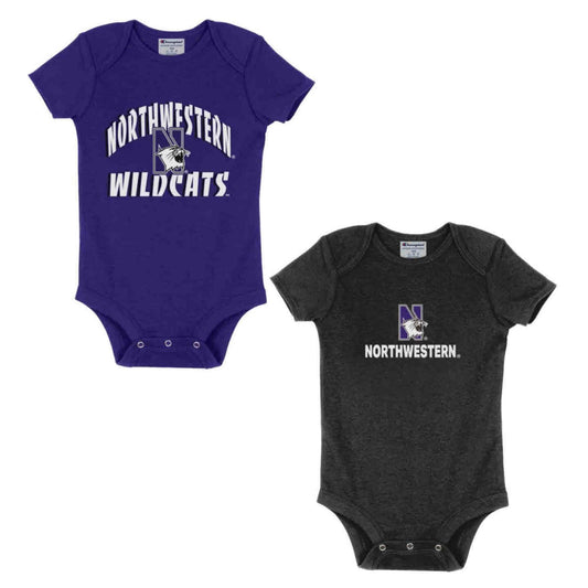 Northwestern University Wildcats Infant 2-Pack Bodysuit Onesie Set with Purple Arch over N-cat | Black N-Cat over Northwestern