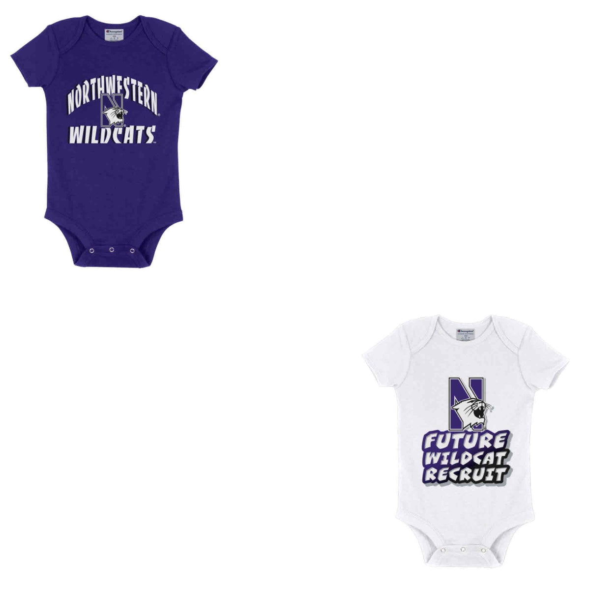 Northwestern University Wildcats Infant 2-Pack Bodysuit Onesie Set with Purple Arch over N-cat | White Wildcat Recruit