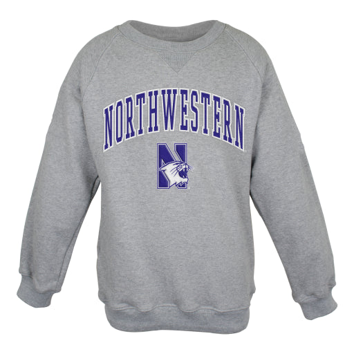 Northwestern University Wildcats Youth Grey Crewneck Sweatshirt With Sewn Arched Northwestern Over N-Cat Design