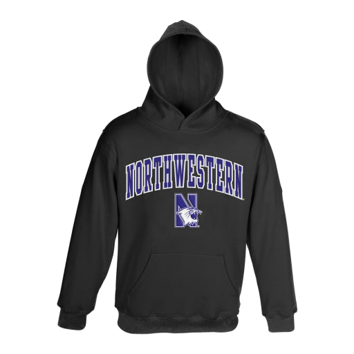Northwestern University Wildcats Youth Black Hooded Sweatshirt With Sewn Arched Northwestern Over N-Cat Design