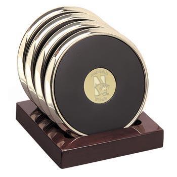 Northwestern Wildcats Mascot Design Gold Medallion Satin Brass Tone Coaster Set of Four