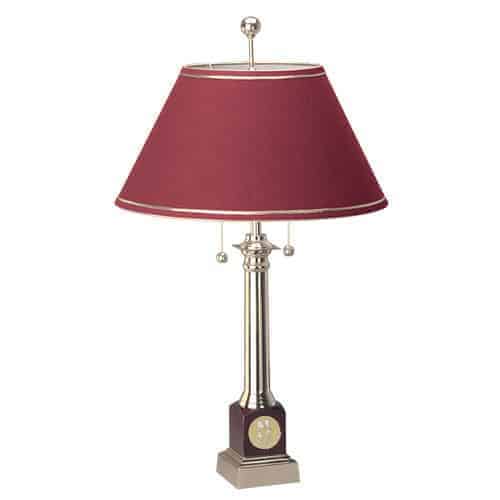 Northwestern Wildcats Mascot Design Gold Medallion Piano Wood Finish Alumni Lamp with Burgandy Linen Shade
