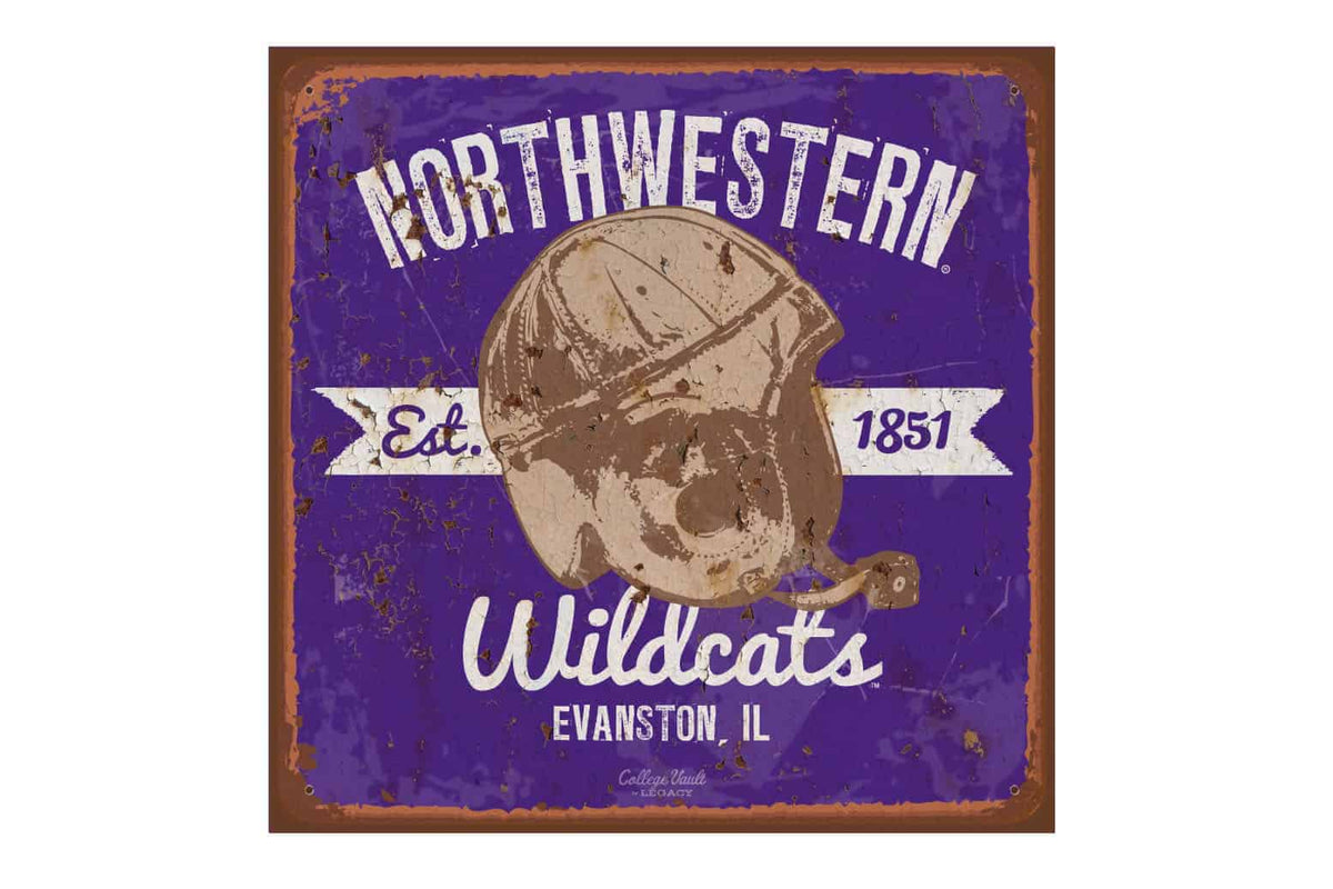 Northwestern Wildcats Square Vintage Tin Sign with Vintage  Helmet Design