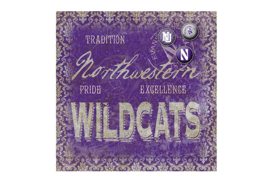 Northwestern Wildcats Square Vintage Tin Sign with Vintage  Script Northwestern Wildcat Design
