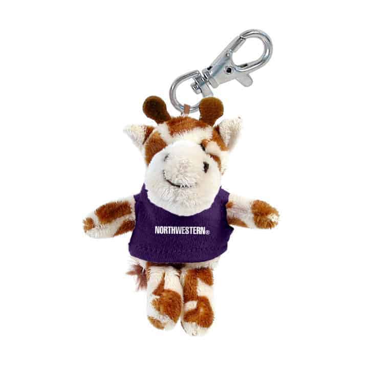 Northwestern University Wildcats Plush Keychain of a Giraffe Wearing a Purple Northwestern Tee Shirt