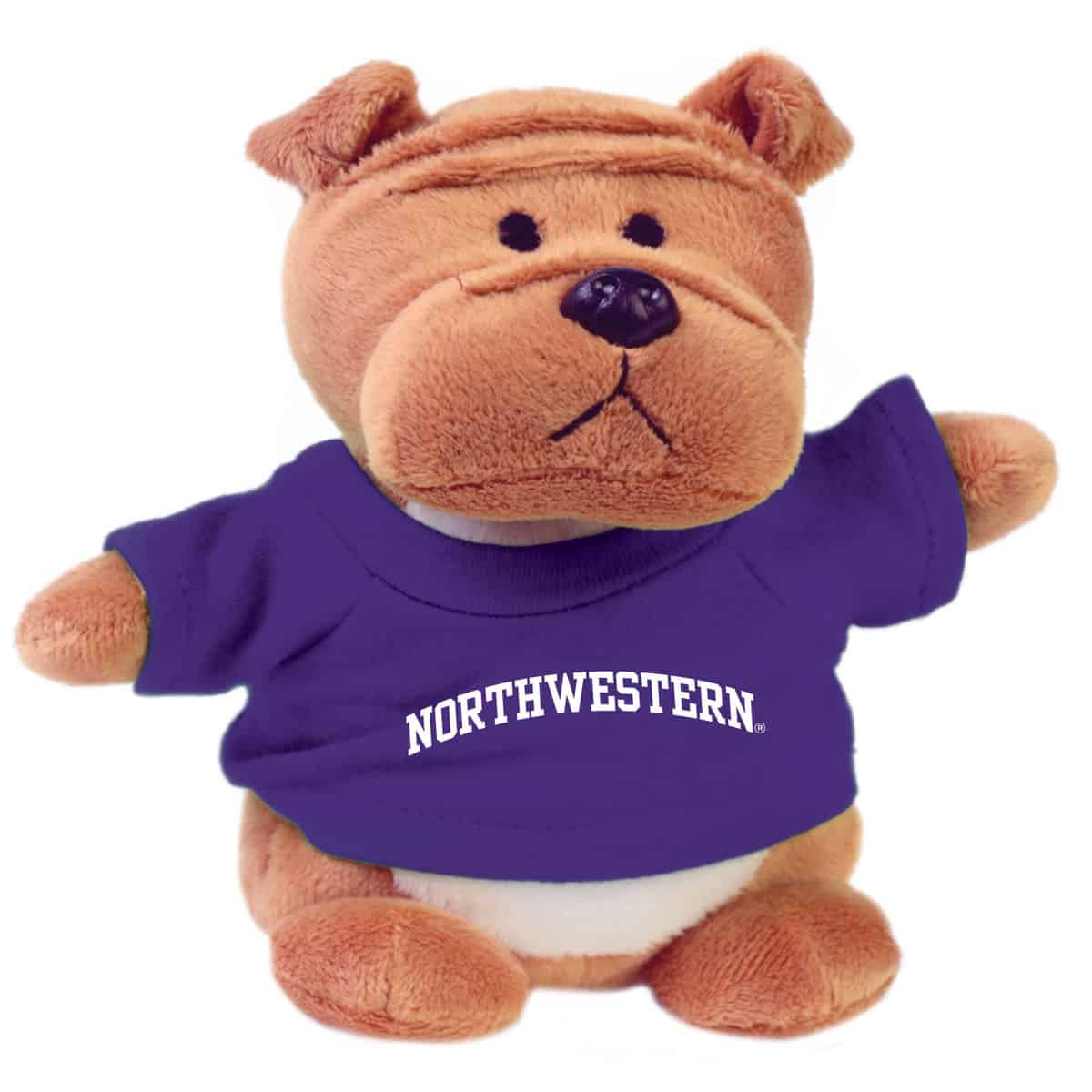 NU Wildcats Bean Bag Buddy Bulldog Wearing a Purple Northwestern Tee Shirt