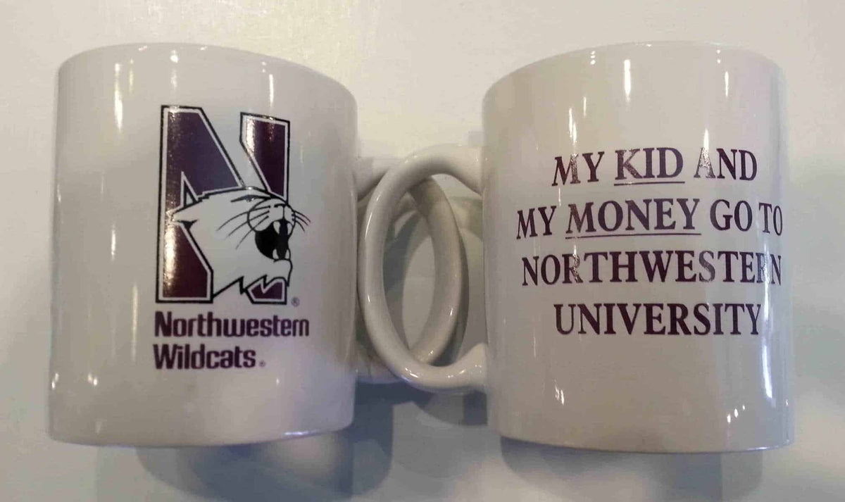 Northwestern Wildcats 11 oz. White Ceramic Coffee Mug  with "Side One: Multicolor N-Cat"  & " Side Two: My Kid and My Money Go To Northwestern University" Design