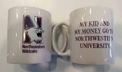 Northwestern Wildcats 11 oz. White Ceramic Coffee Mug  with "Side One: Multicolor N-Cat"  & " Side Two: My Kid and My Money Go To Northwestern University" Design