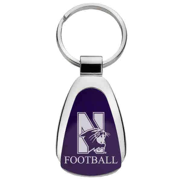 Northwestern University Wildcats Laser Engraved Purple Teardrop Key Chain with Mascot & Football Design
