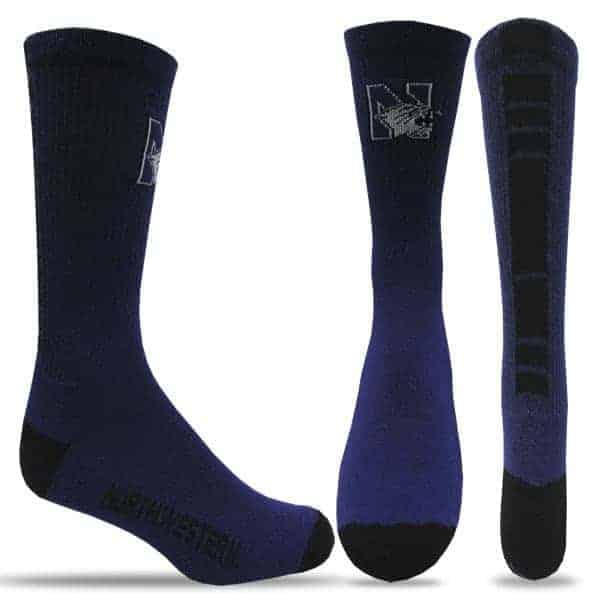 Northwestern University Wildcats Purple/Black Half Cushion Crew Socks with Arch Support and N-Cat Design