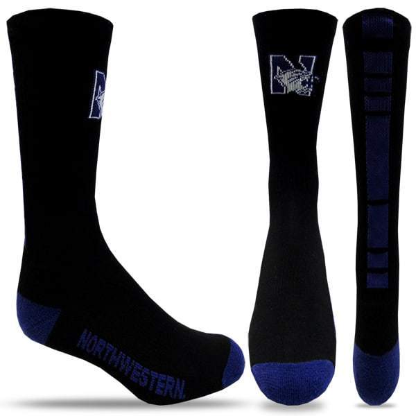 Northwestern University Wildcats Black/Purple Half Cushion Crew Socks with Arch Support and N-Cat Design
