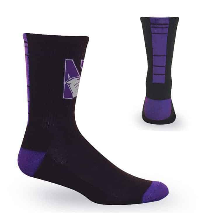 Northwestern University Wildcats Black/Purple Half Cushion Crew Socks with Arch Support and N-Cat Design