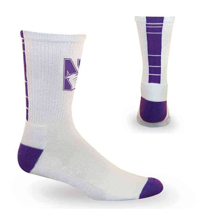 Northwestern University Wildcats White/Purple Half Cushion Crew Socks with Arch Support and N-Cat Design