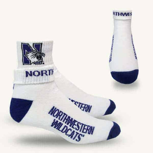 Northwestern University Wildcats Adult Full Cushion Folded White Quarter Crew Socks with Arch Support