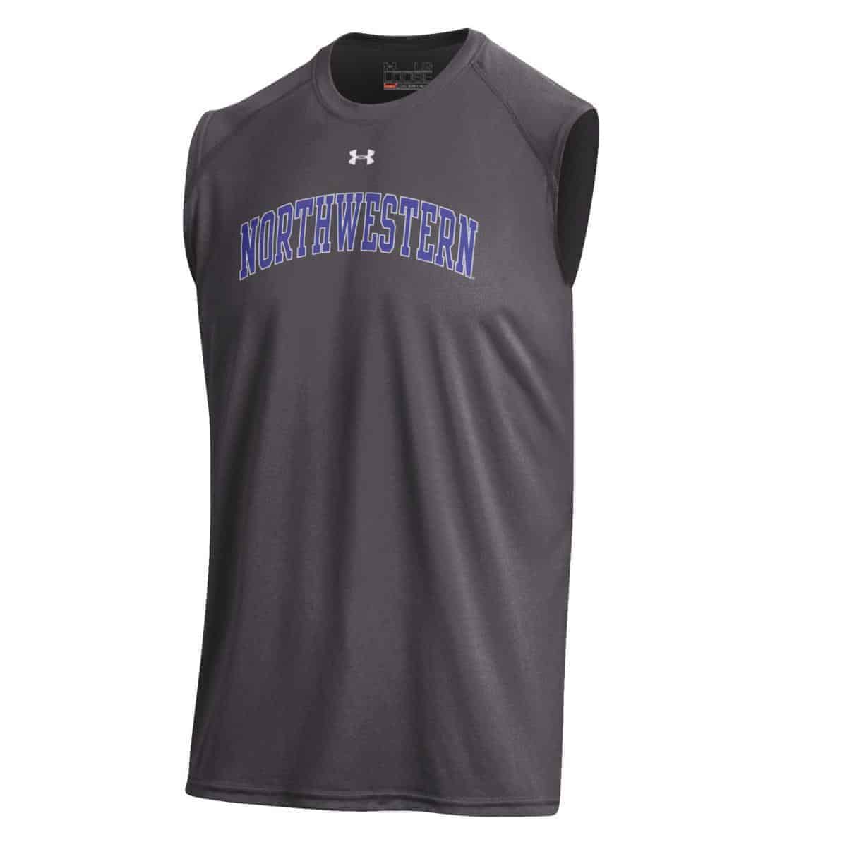 Northwestern University Wildcats Men’s UA Tech™ Charcoal Sleeveless T-Shirt with Printed Arched Northwestern Design