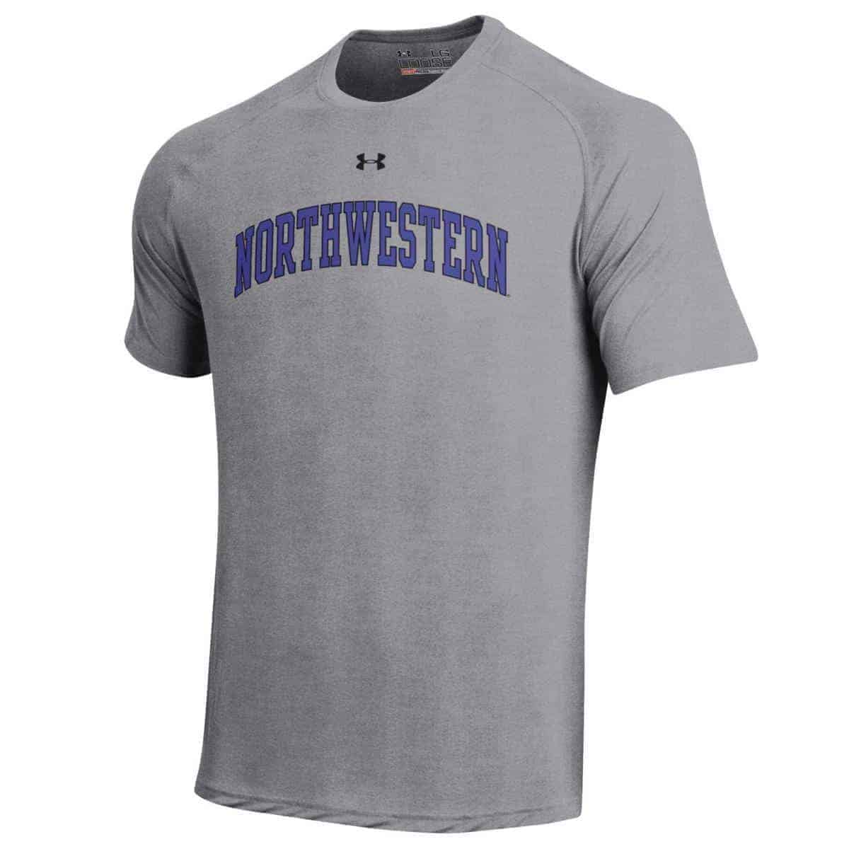 Northwestern University Wildcats Under Armour® Youth Tech Grey Short-Sleeve Tee Shirt with Printed Arched Northwestern Design