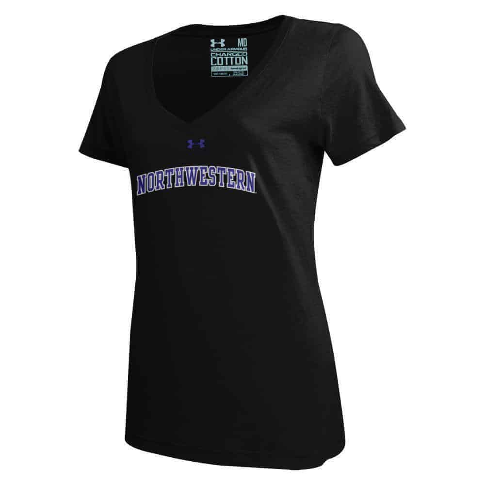 Northwestern University Wildcats Under Armour Ladies Black Charged Cotton V-Neck Tee Shirt with Printed Arched Northwestern Design